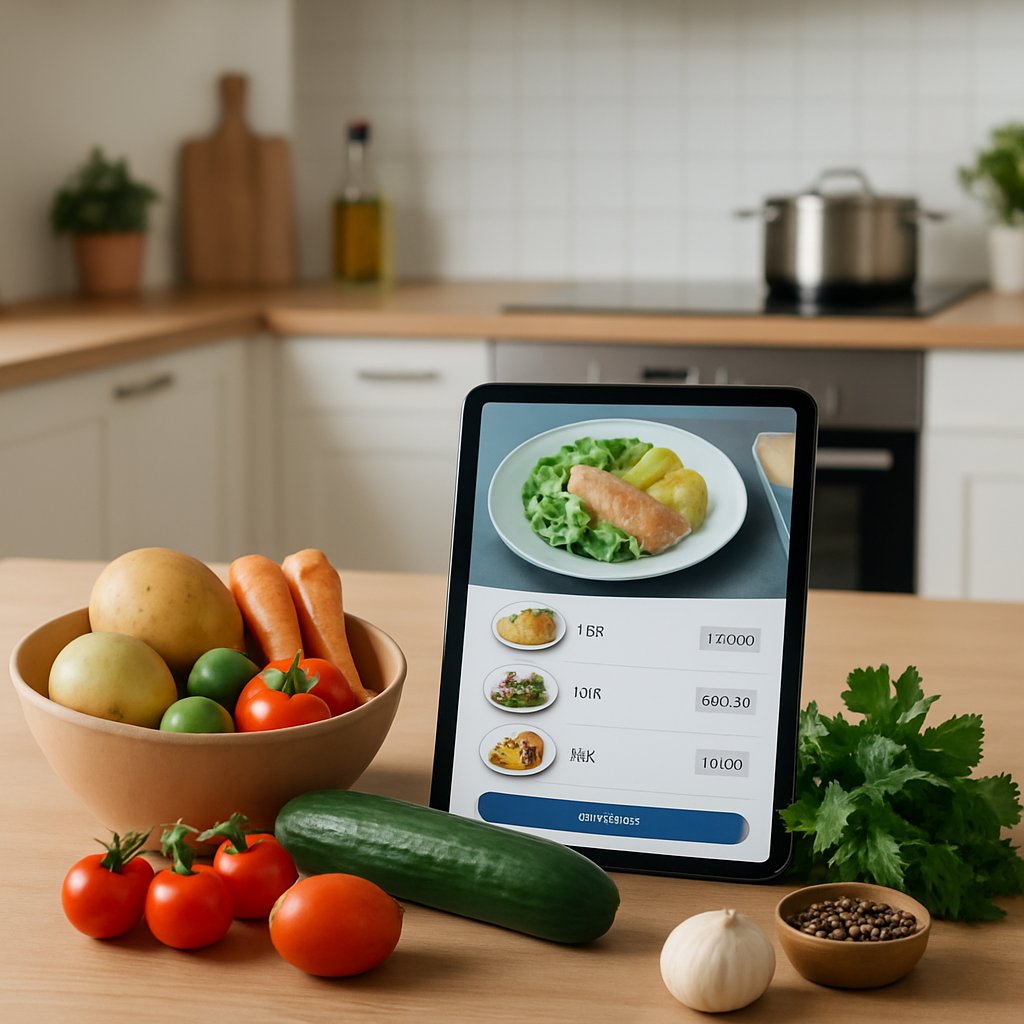 Et moderne køkkenbord med friske ingredienser og en tablet, der viser en måltidskasse-app med priser.