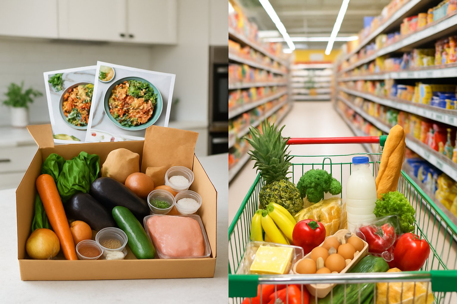 Et billede der viser en åben måltidskasse med friske ingredienser på en køkkenbordplade til venstre og en fyldt indkøbsvogn i en supermarkedsgang til højre.