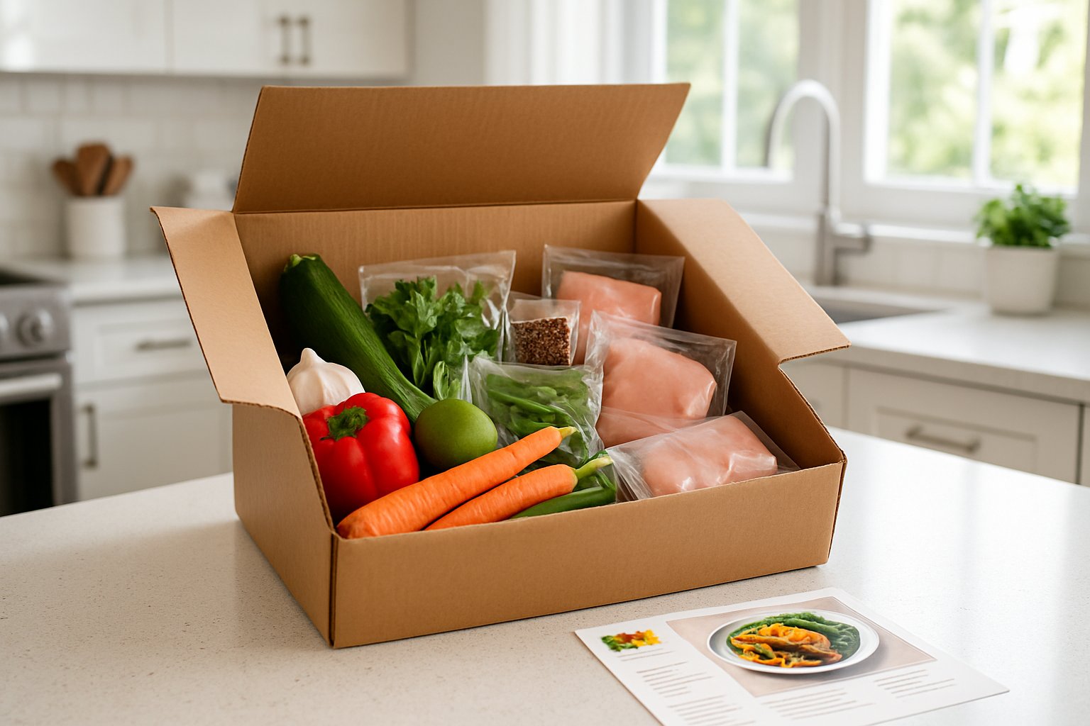 En åben prøvekasse med friske ingredienser på et køkkenbord i et lyst køkken.