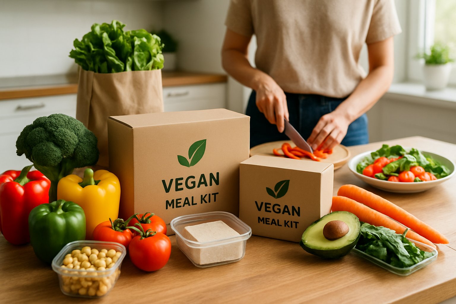 Et køkkenbord med friske grøntsager og plantebaserede ingredienser til veganske måltidskasser, hvor en person tilbereder mad.