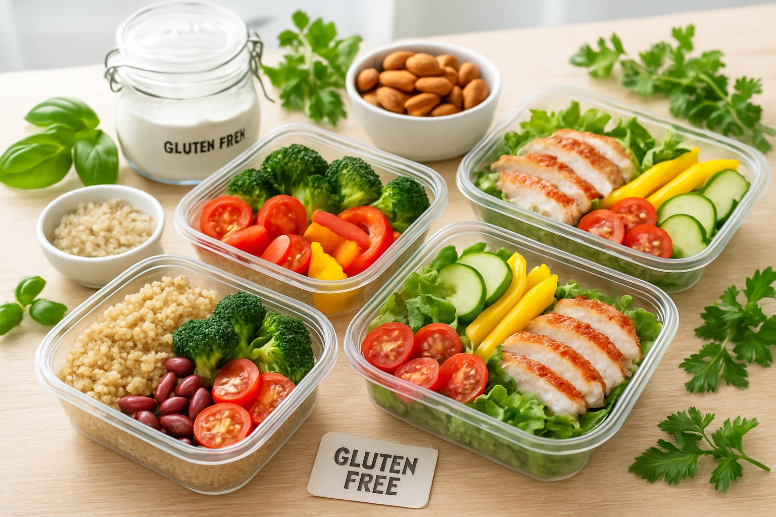 Forskellige måltidskasser med glutenfri ingredienser på et bord.