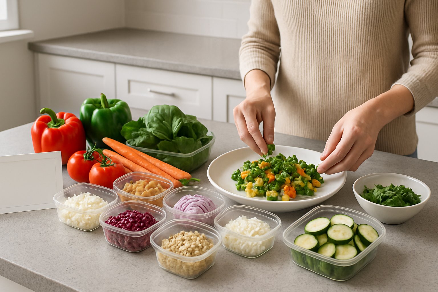 Forskellige vegetariske måltidskasser med friske grøntsager og ingredienser på et køkkenbord.