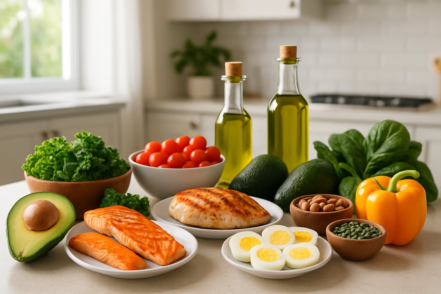 Et køkkenbord med friske grøntsager, kylling, laks, æg, nødder og olivenolie, klar til tilberedning af keto- eller LCHF-venlige måltider.