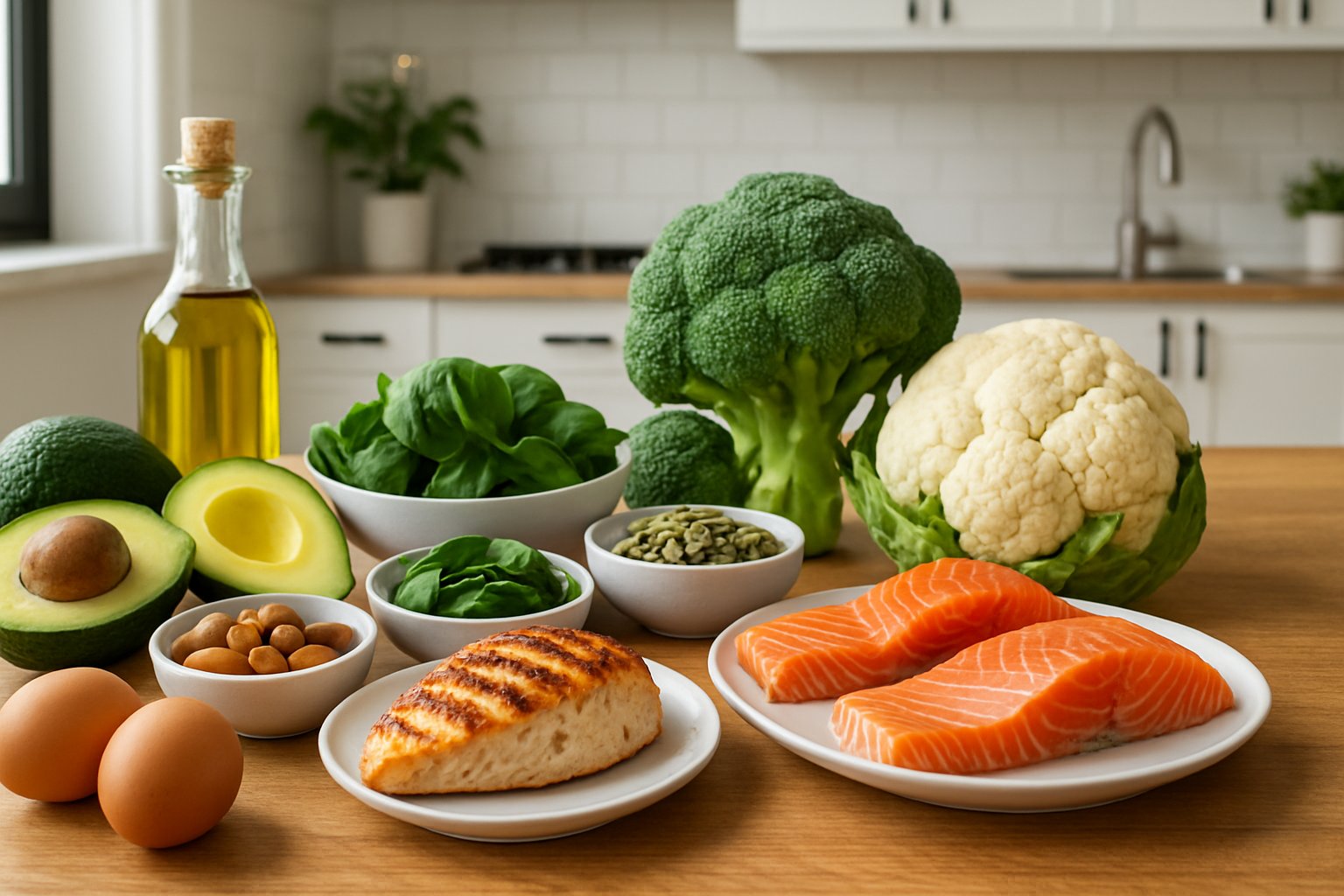 Et køkkenbord med friske grøntsager, kød, æg og nødder til keto- og LCHF-venlige måltider.