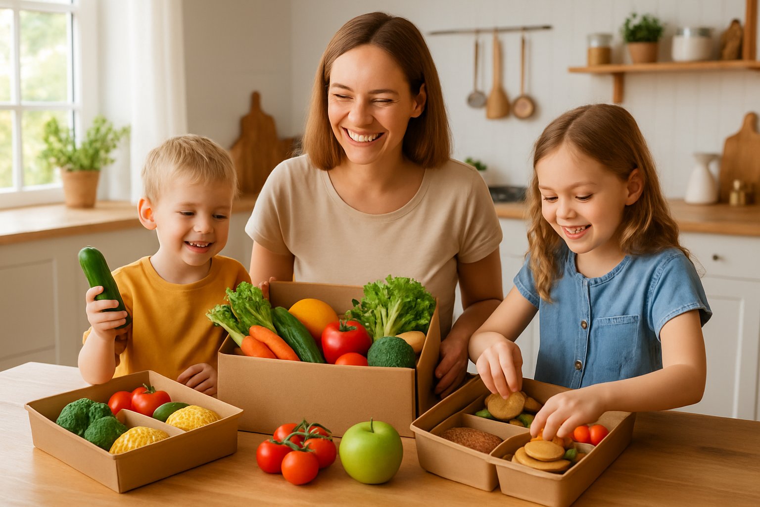 Forælder og to børn laver mad sammen i et lyst køkken med farverige ingredienser og måltidskasser på bordet.