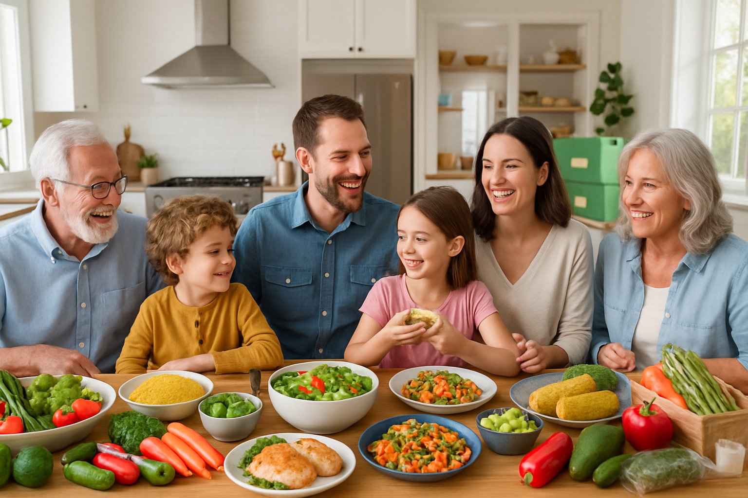 Stor familie sidder sammen omkring et spisebord med måltidskasseingredienser og mad i et lyst køkken.