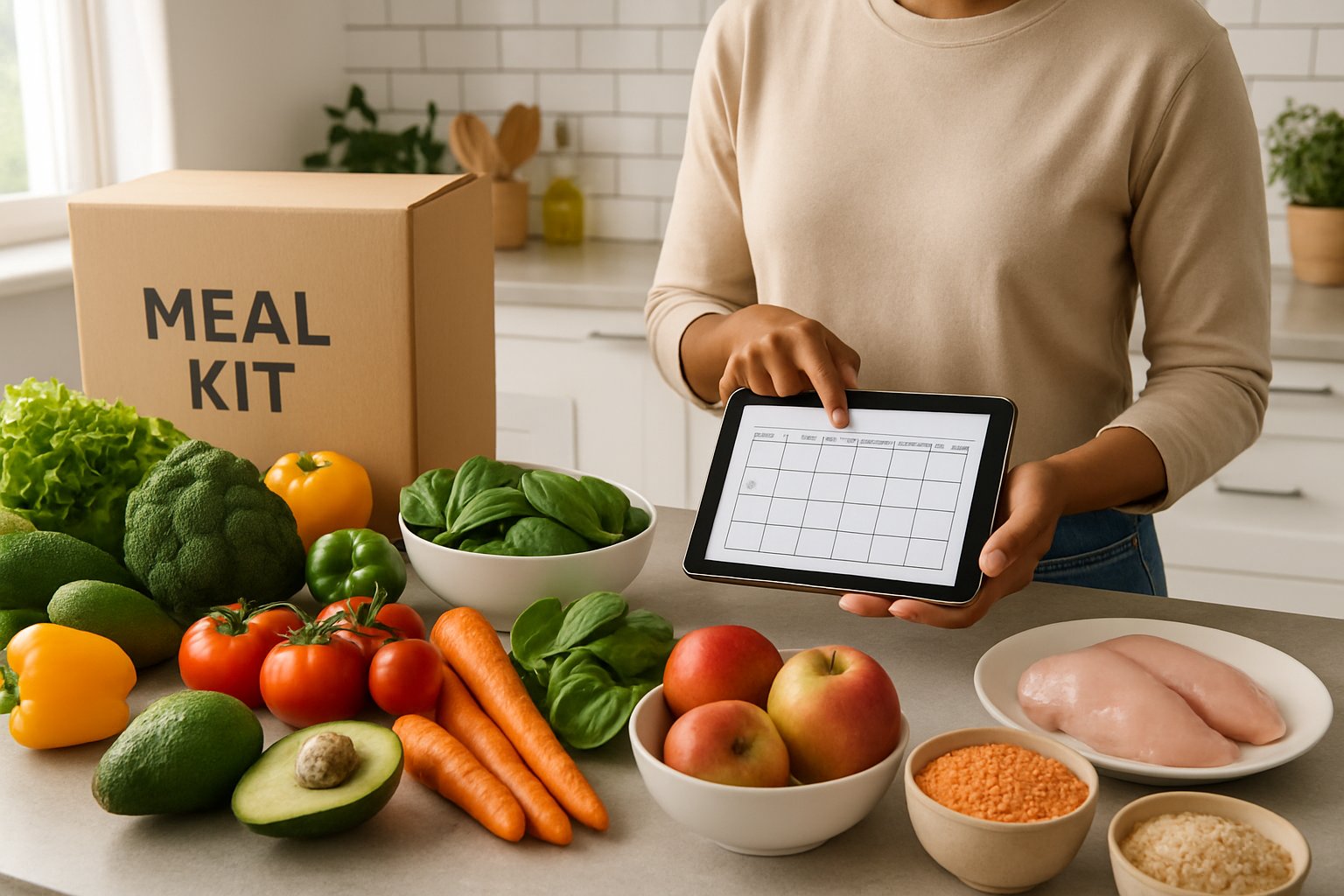 En person i et lyst køkken planlægger ugens måltider med friske ingredienser og en tablet.