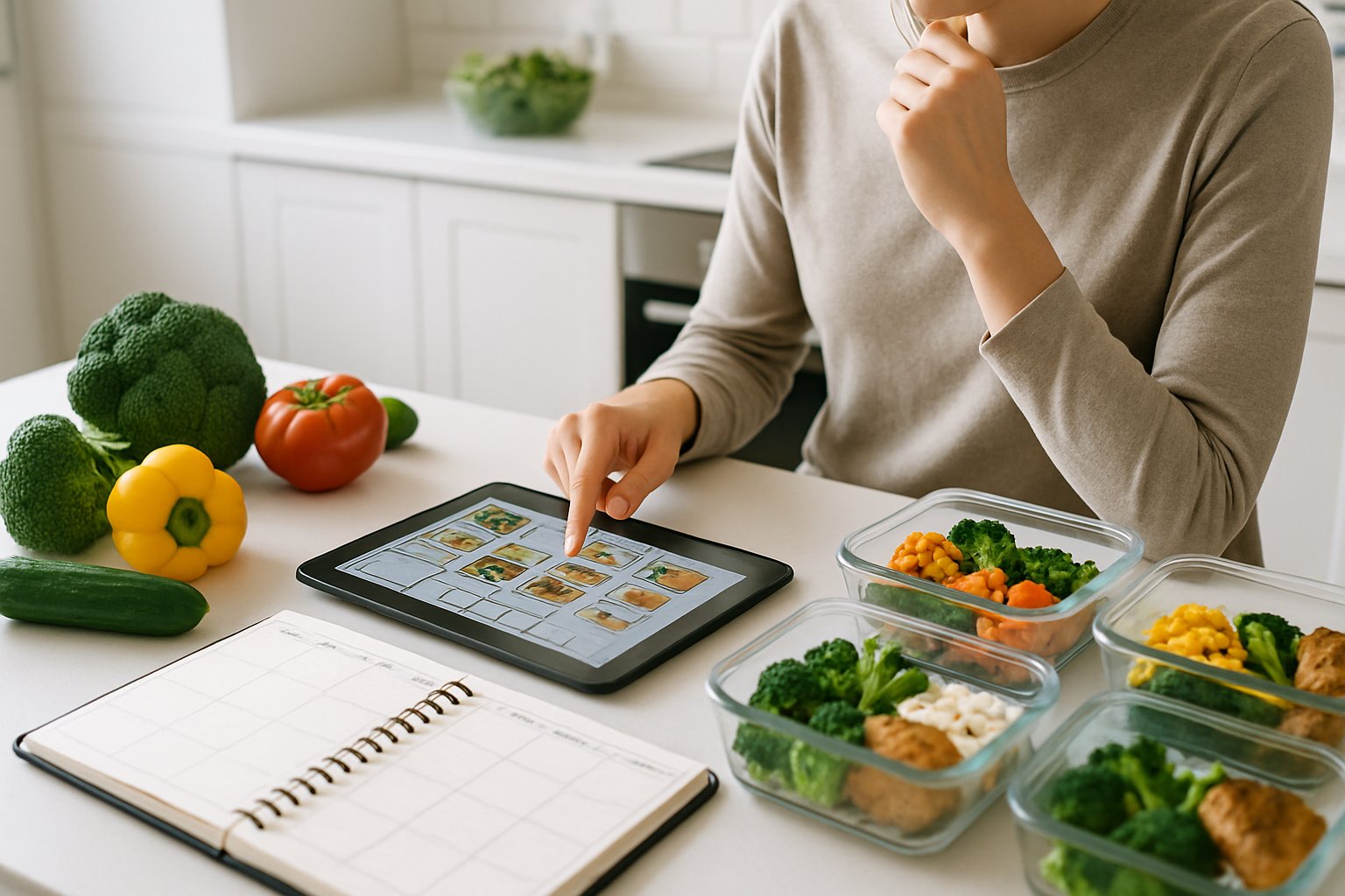 En person i et køkken planlægger ugentlige måltidsændringer med friske grøntsager, en tablet og en kalender på bordet.