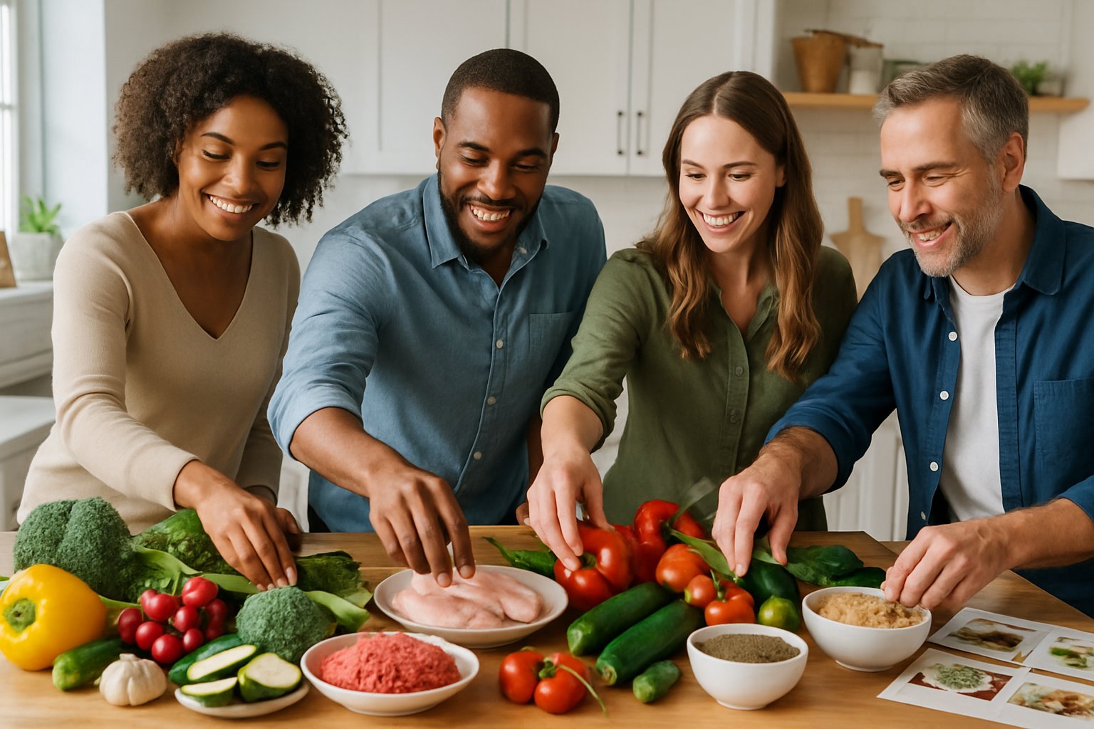 Folk vælger friske ingredienser i et lyst køkken for at sammensætte deres måltider.
