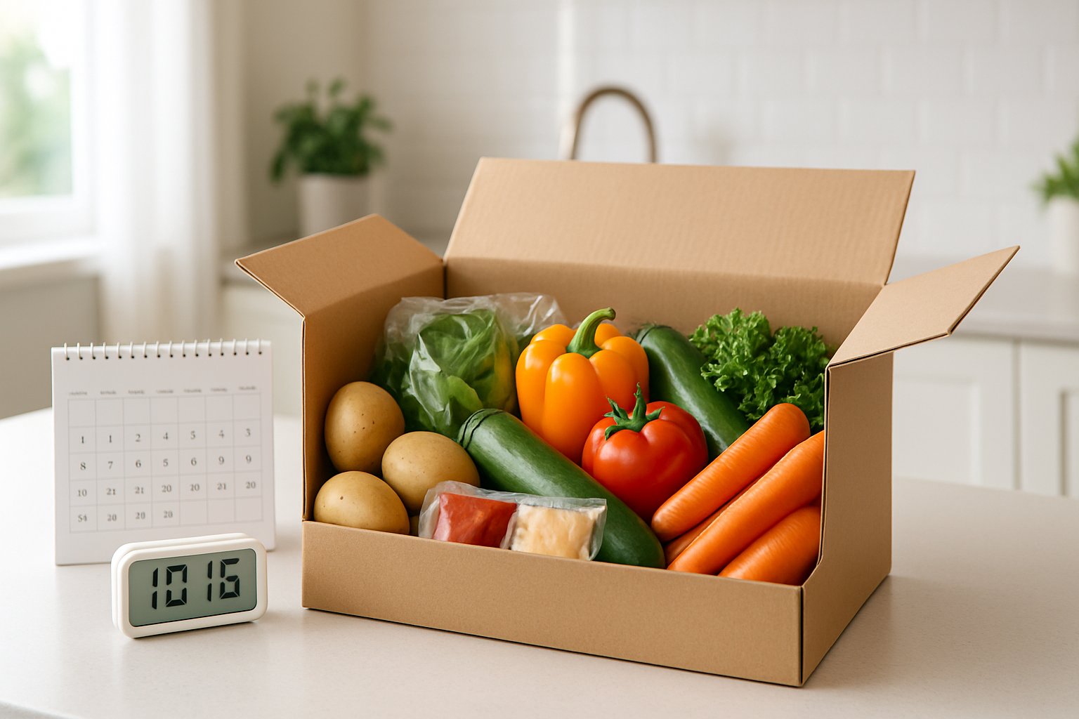 En åben måltidskasse med friske ingredienser på et køkkenbord, med en kalender og et ur i baggrunden.
