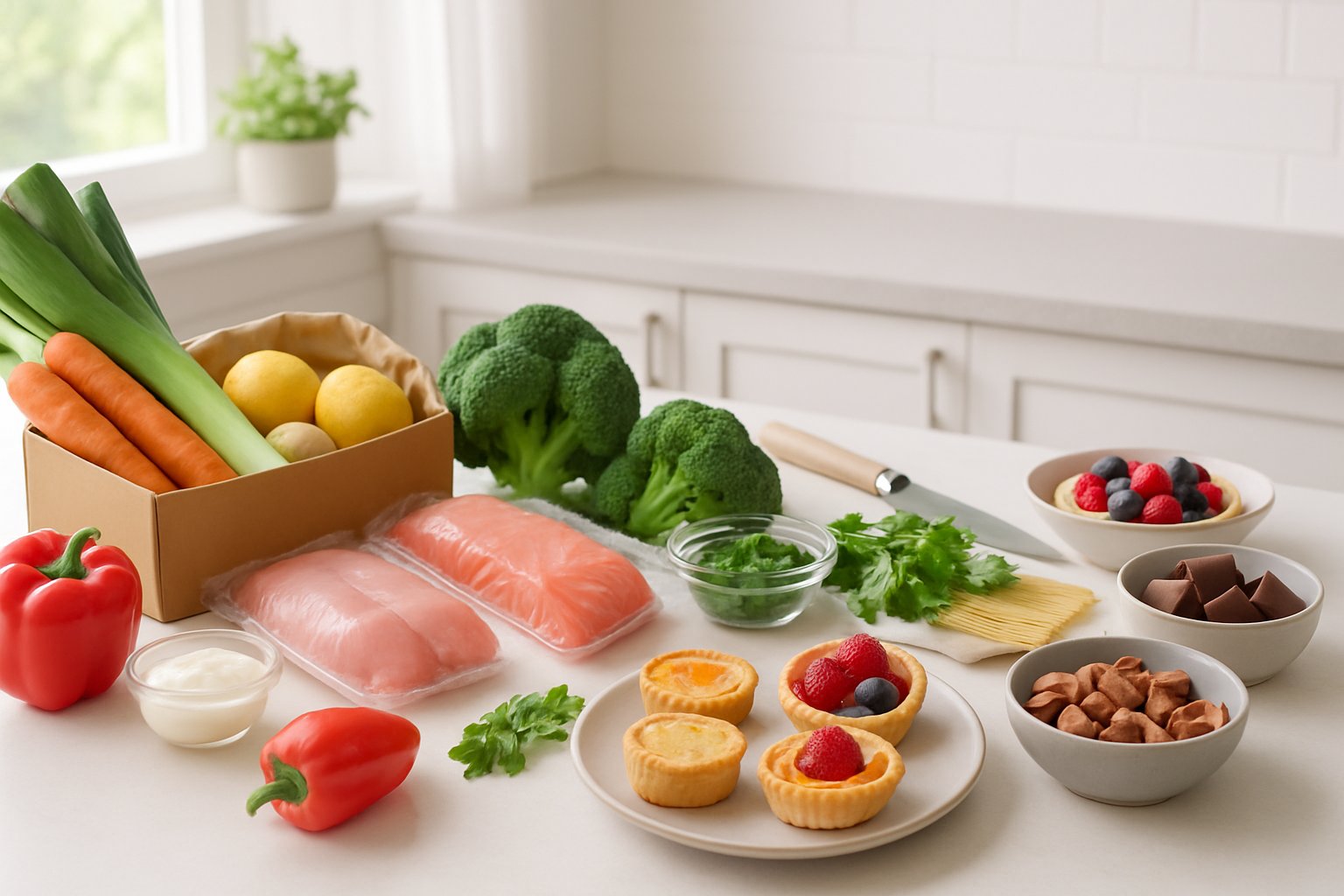 Et køkkenbord med friske ingredienser til måltidskasser, samt et udvalg af desserter og snacks på tallerkener og i skåle.