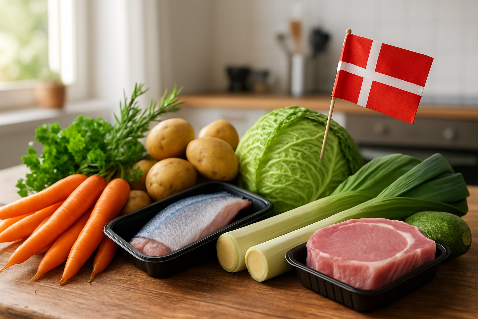 Friske råvarer som grøntsager og kød lagt frem på et træbord i et køkken.