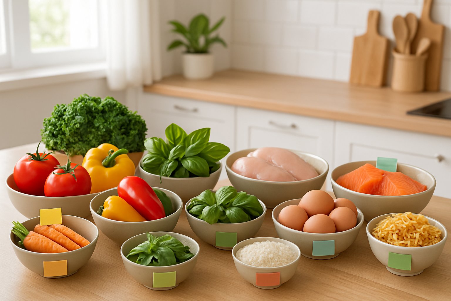 Et køkkenbord med forskellige friske råvarer som grøntsager, kød, fisk, æg og korn, arrangeret i separate beholdere for at vise variation blandt måltidskasseleverandører.
