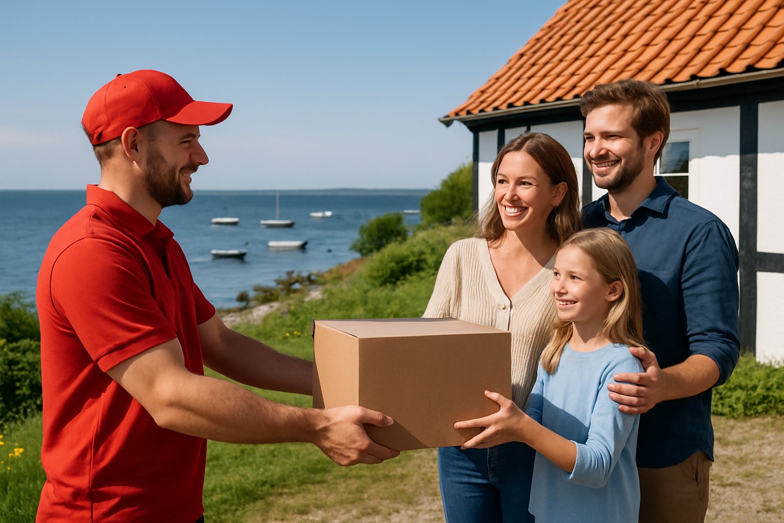 En leveringsperson afleverer en måltidskasse til en familie udenfor et hus på en dansk ø med hav og grønt i baggrunden.