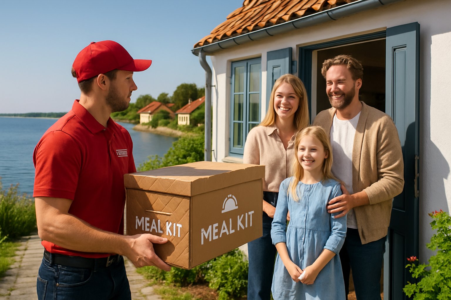 En leveringsperson afleverer en måltidskasse til en smilende familie ved døren til et hus på en dansk ø med kyst og grønne omgivelser.