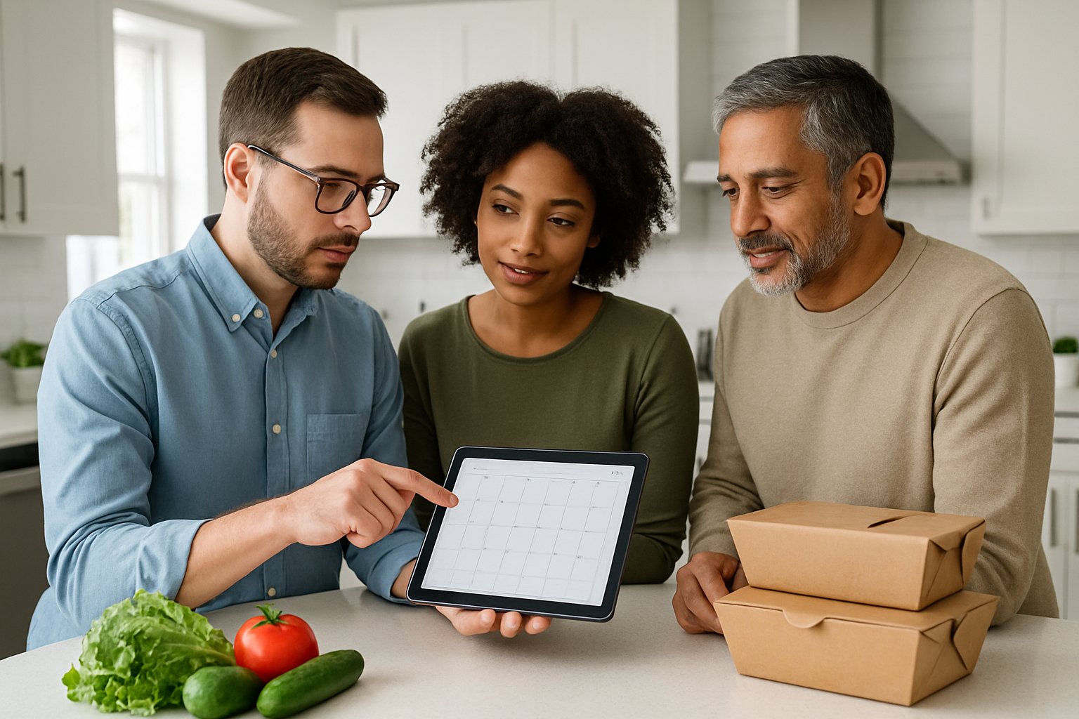 Tre voksne i et lyst køkken diskuterer leveringsdag for måltidskasser med en tablet og friske grøntsager på bordet.
