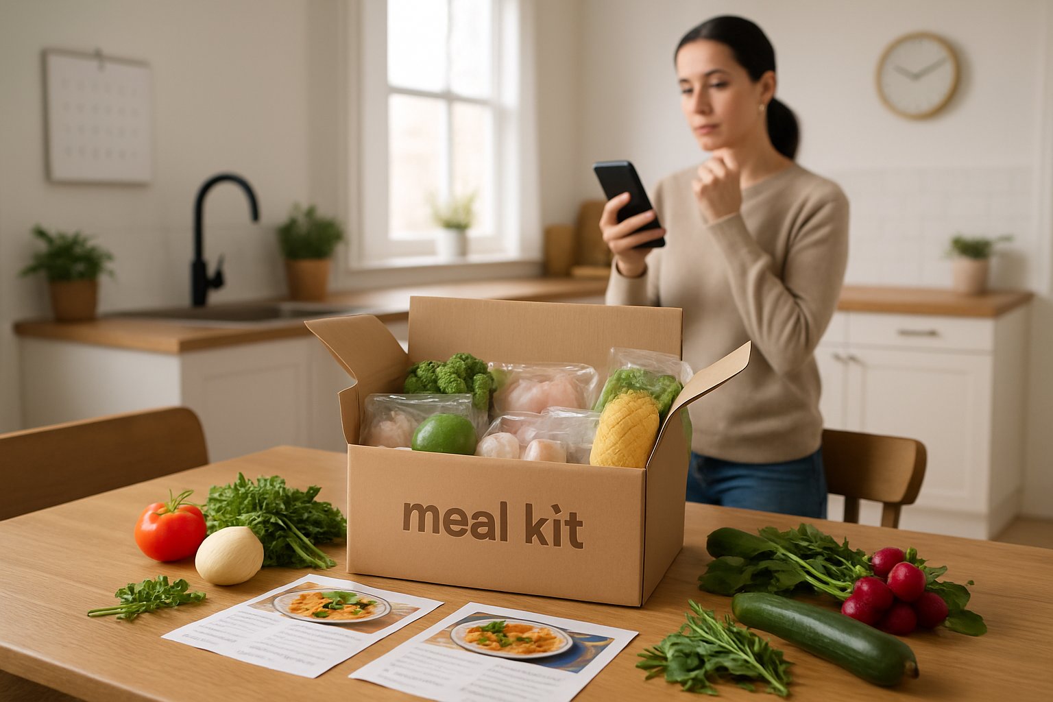 Et køkkenbord med friske ingredienser og en åben måltidskasse, mens en person holder en smartphone og ser på skærmen.