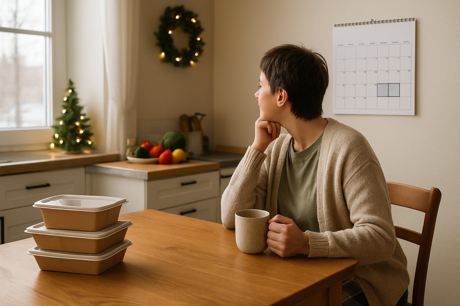 En person sidder afslappet ved et køkkenbord med tomme måltidskassebeholdere og en kalender med feriedatoer på væggen.