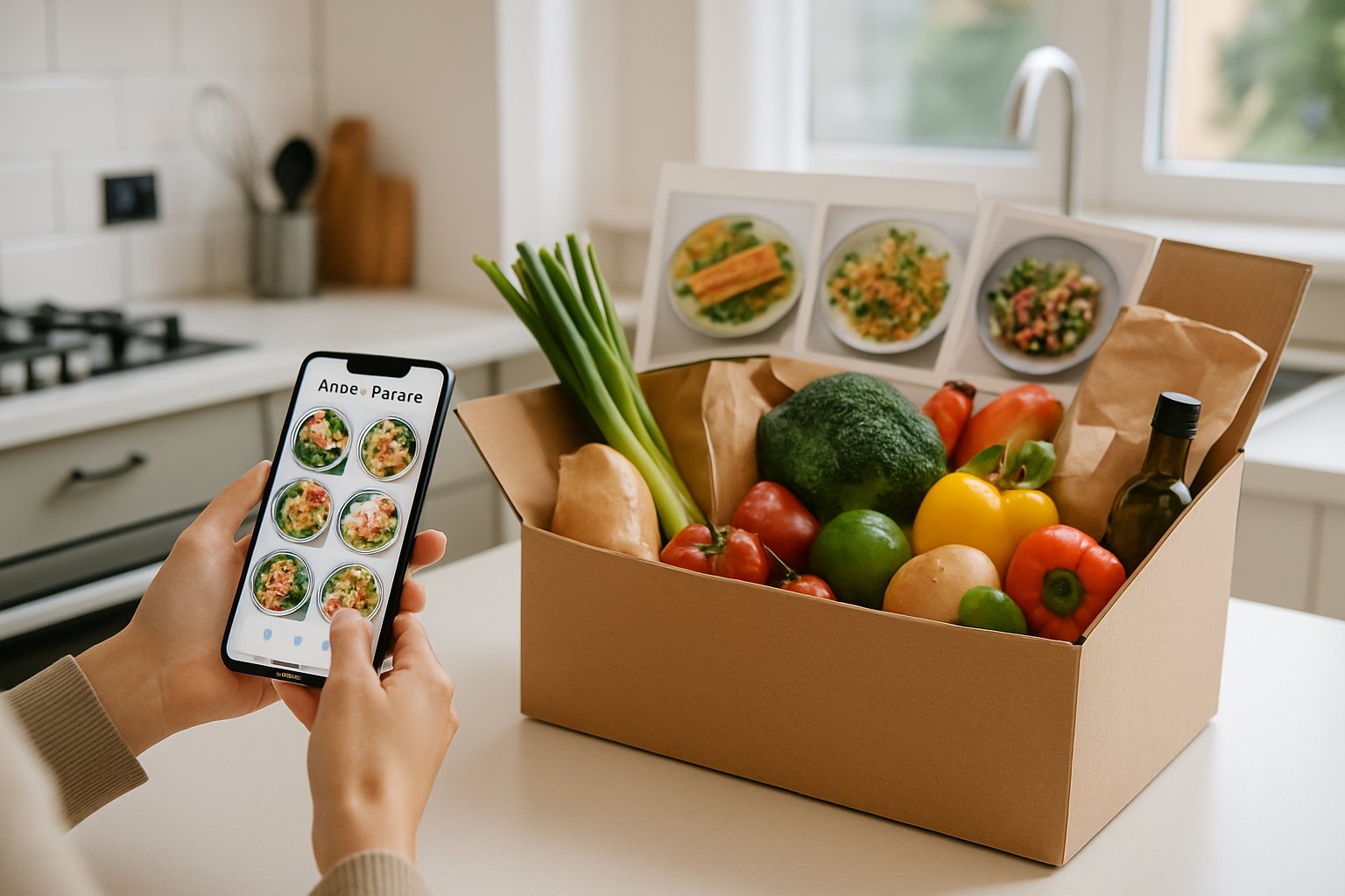En person i et køkken bruger en smartphone til at planlægge måltider med en måltidskasse med friske ingredienser ved siden af.