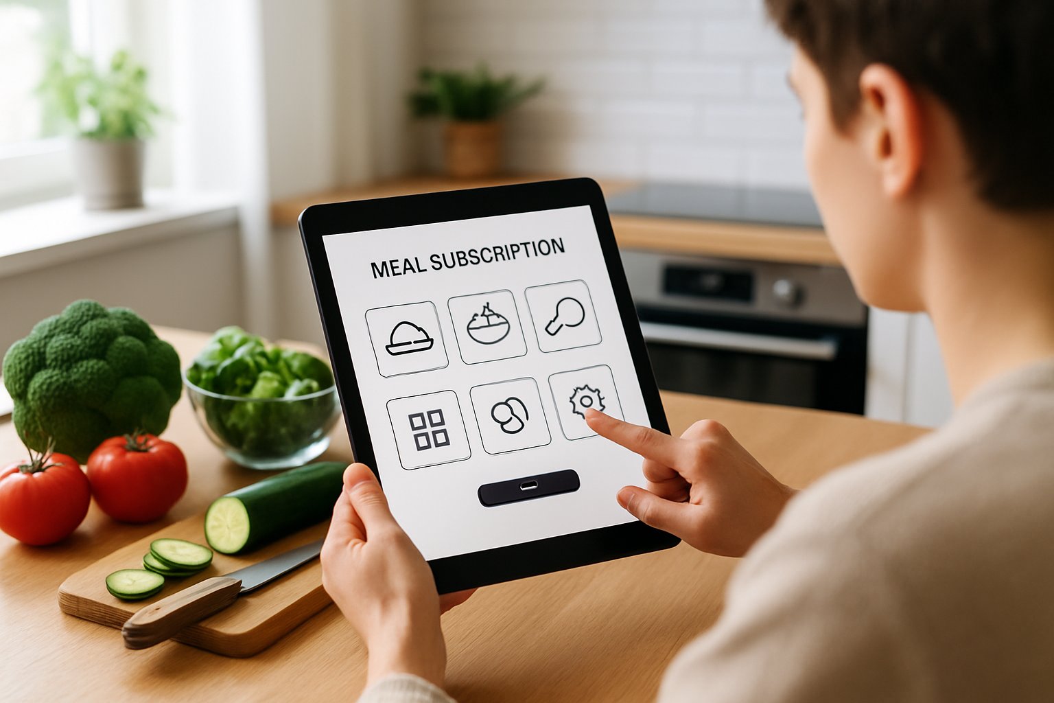 En ung voksen sidder ved et køkkenbord og bruger en tablet med en app til måltidskasser, omgivet af friske grøntsager.