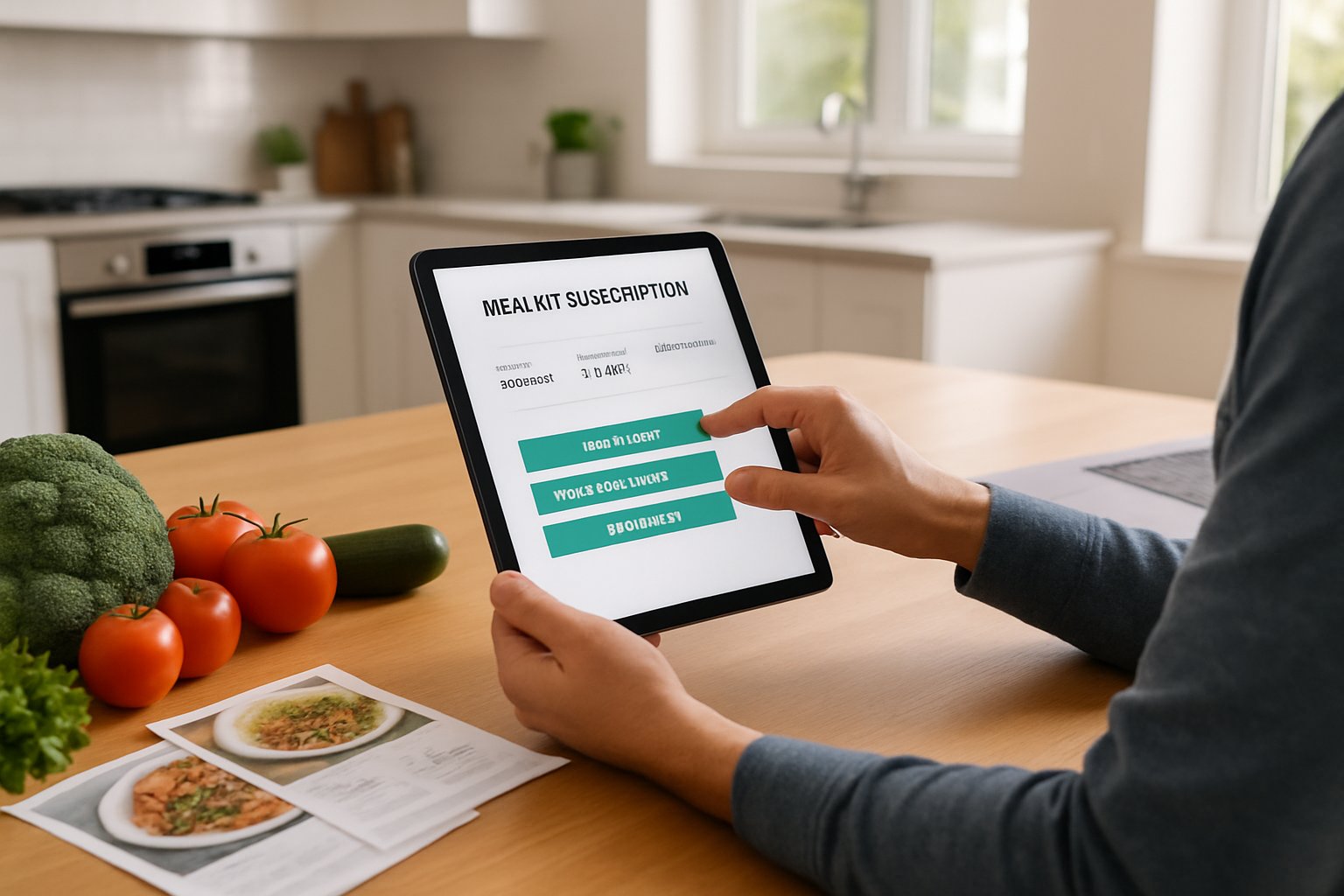 En person sidder ved et bord i et lyst køkken og bruger en tablet til at ændre sit abonnement på måltidskasser.