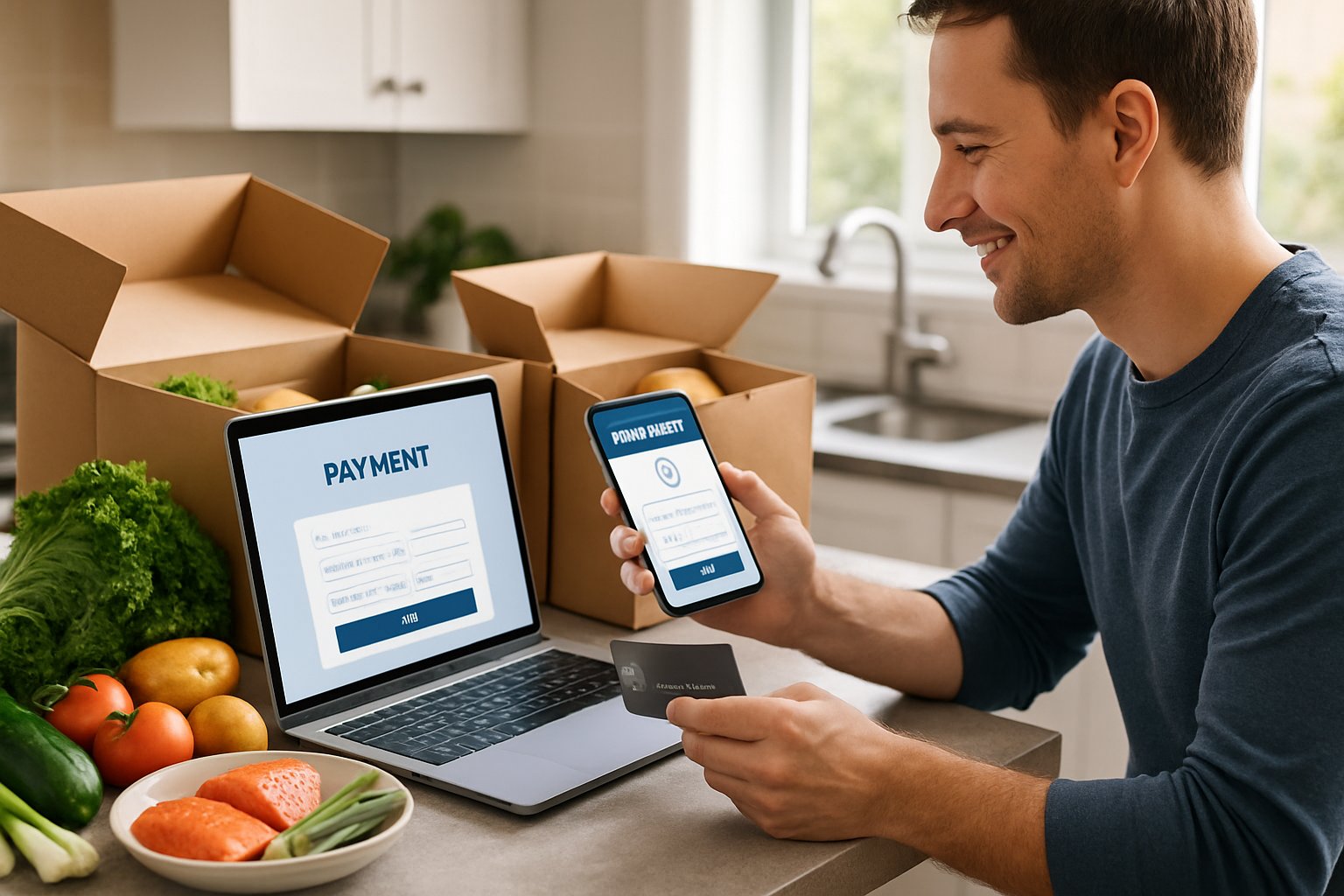 En person i et køkken betaler online for en måltidskasse ved hjælp af en smartphone, omgivet af friske ingredienser og måltidskasseæsker.