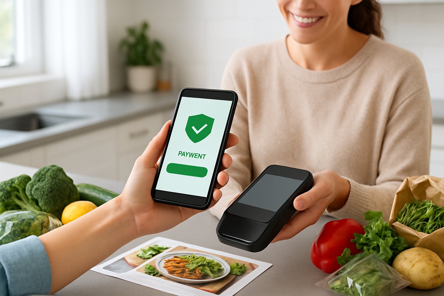 En person bruger en smartphone til at betale i et køkken med friske ingredienser til måltidskasser på bordet.