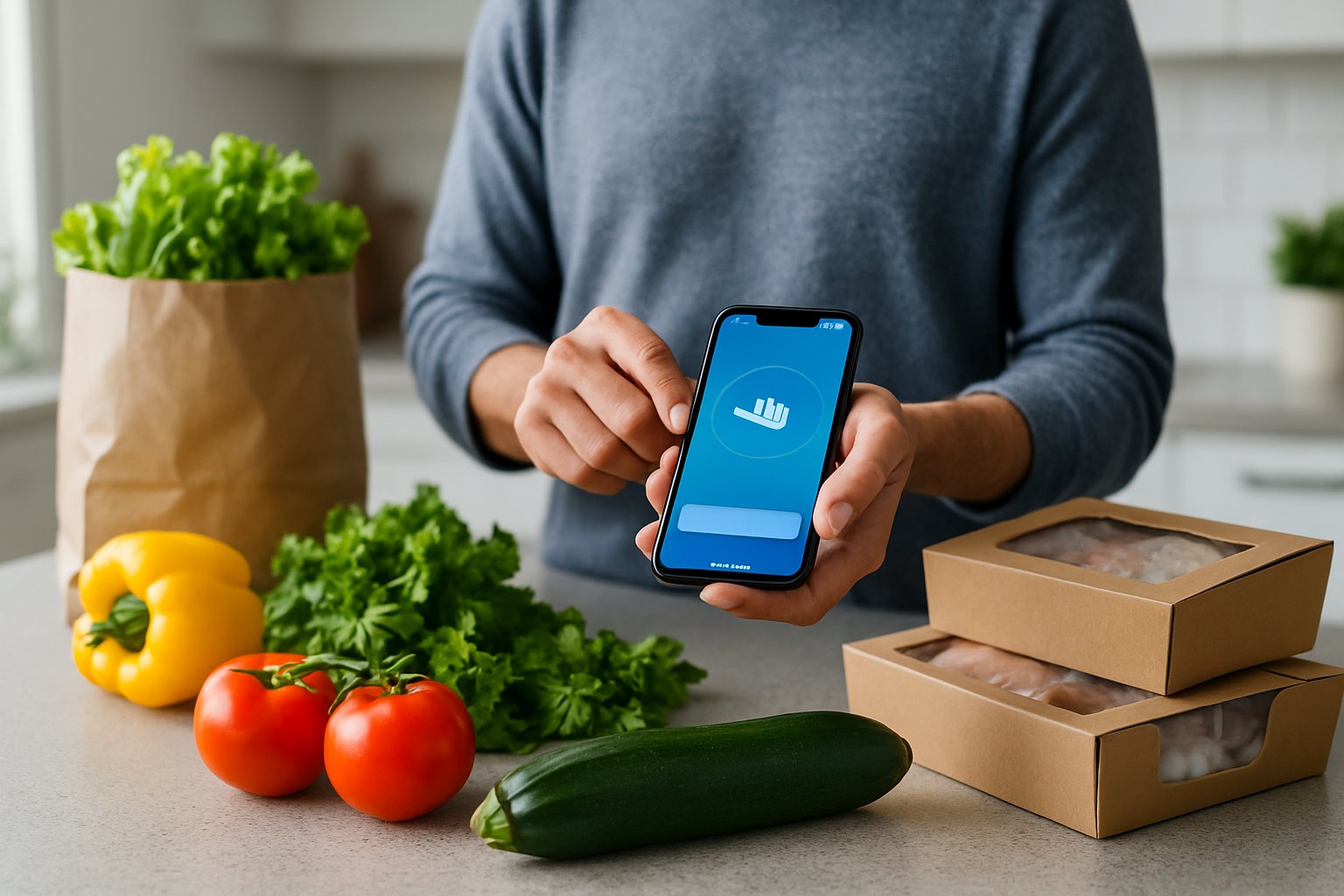 En person betaler med en smartphone i et køkken med friske ingredienser og måltidskassepakker på bordet.