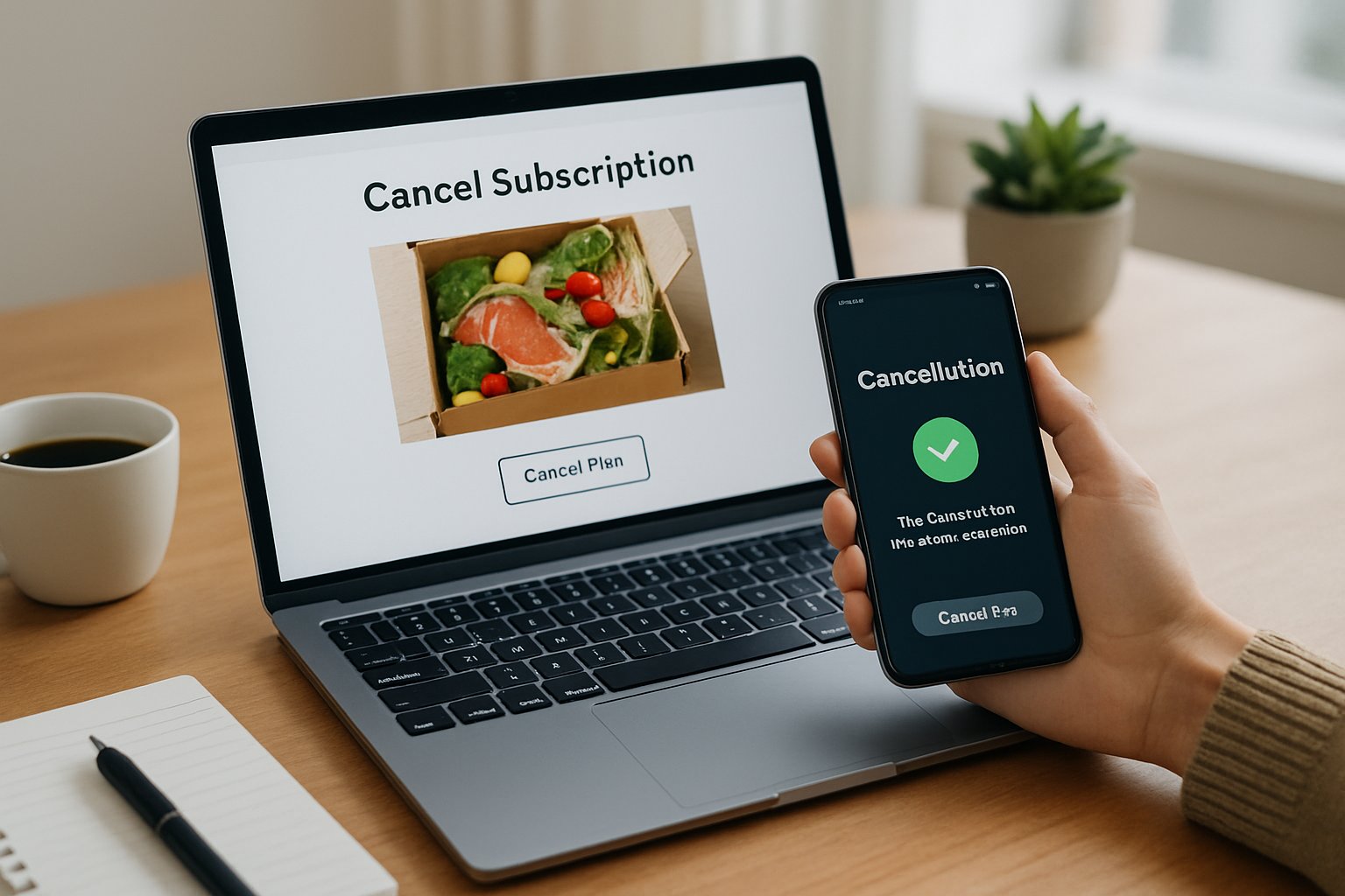 En person sidder ved et skrivebord med en bærbar computer og en mobiltelefon, der viser en bekræftelse, omgivet af en notesbog, en kop kaffe og en plante.