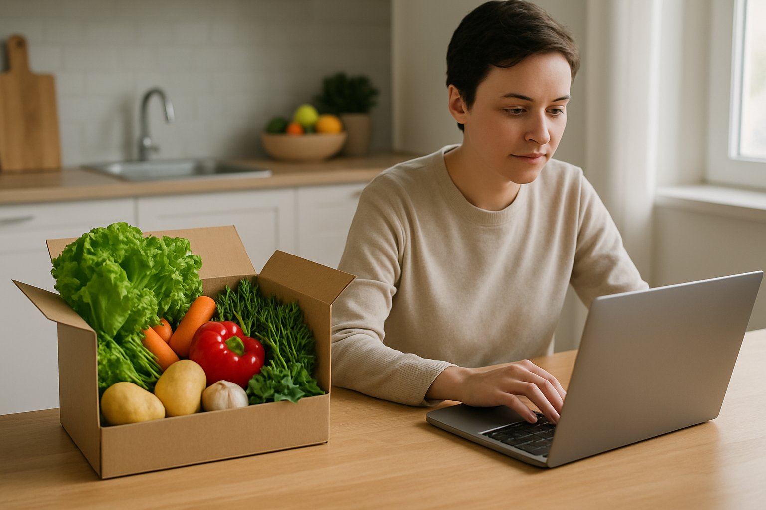 En person sidder ved et bord i et køkken og bruger en bærbar computer med en måltidskasse med friske ingredienser foran sig.