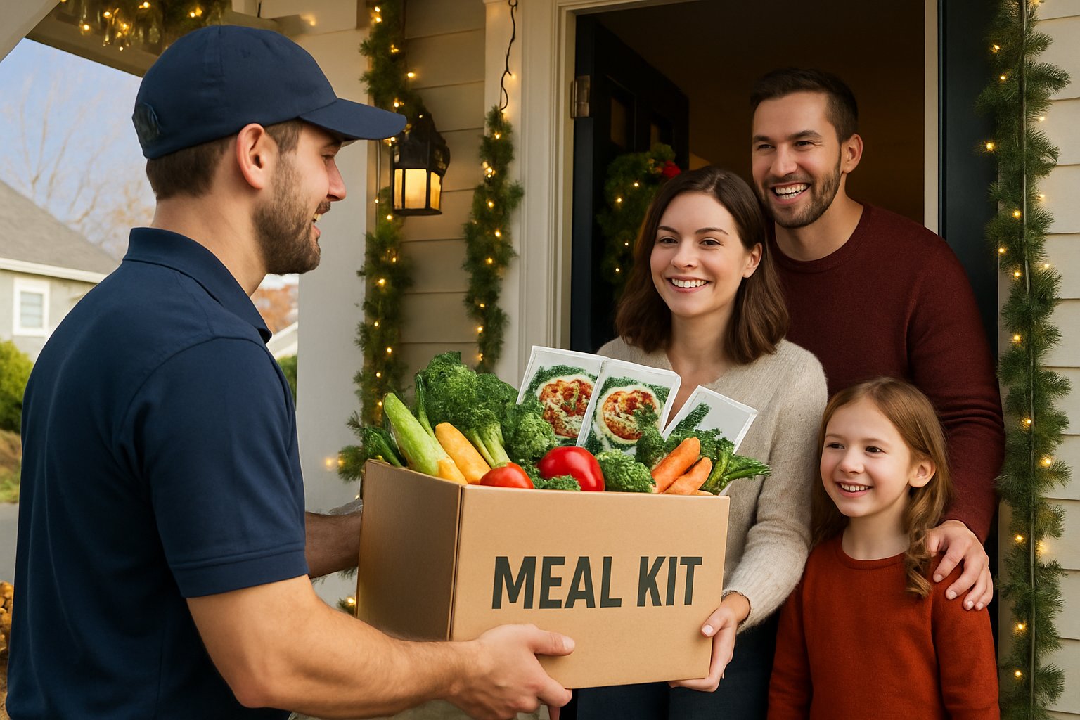 En leveringsperson afleverer en måltidskasse til en smilende familie foran deres hjem pyntet med juledekorationer.