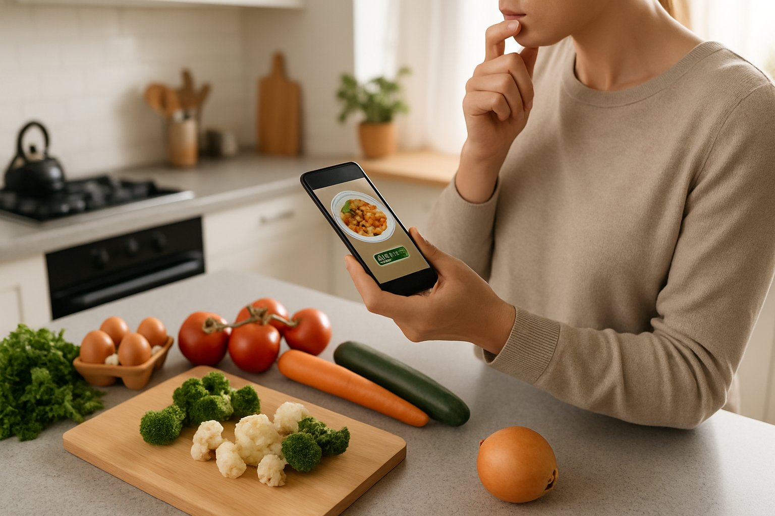 En person i et lyst køkken holder en smartphone og ser på ingredienser på køkkenbordet.