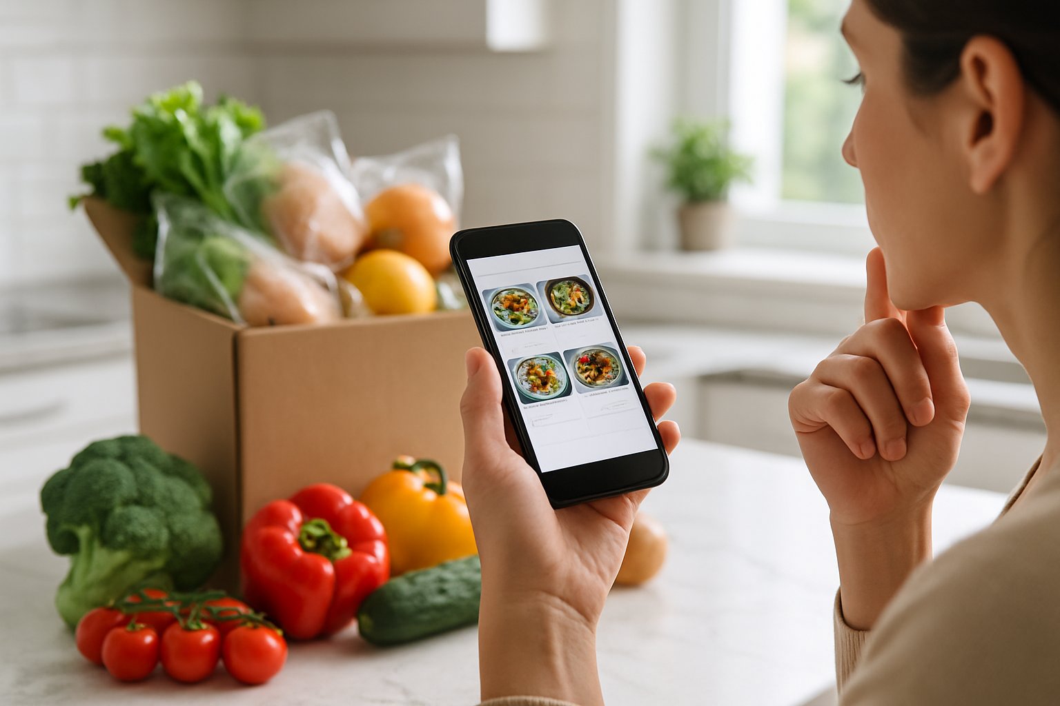 En person i et moderne køkken holder en smartphone med en måltidskasse-app, mens friske grøntsager og ingredienser ligger på køkkenbordet.