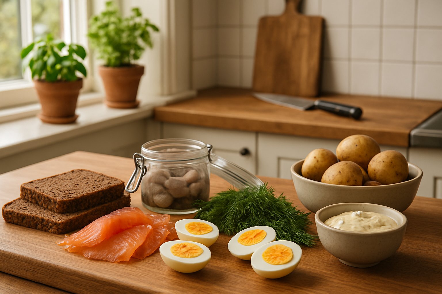 Et køkkenbord med traditionelle danske ingredienser til måltidskasser som rugbrød, laks, æg, sild, dild og kartofler.