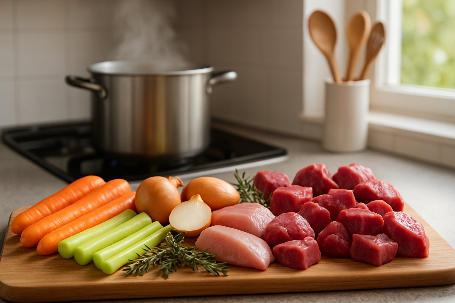 Et køkkenbord med friske ingredienser til simreretter og en gryde, der simrer på komfuret.