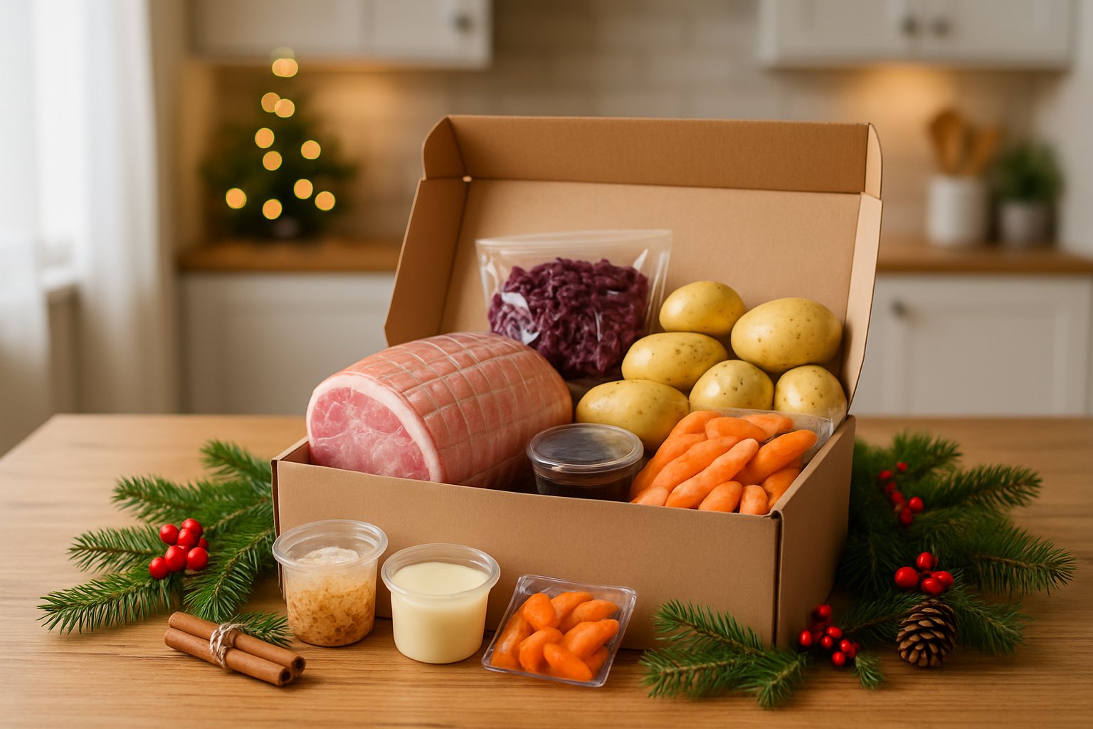 En åben måltidskasse med ingredienser til traditionel julemad på et køkkenbord med juledekorationer omkring.