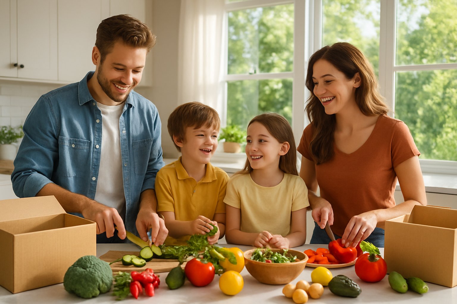 En familie laver mad sammen i et lyst køkken med friske grøntsager og måltidskasser på bordet.