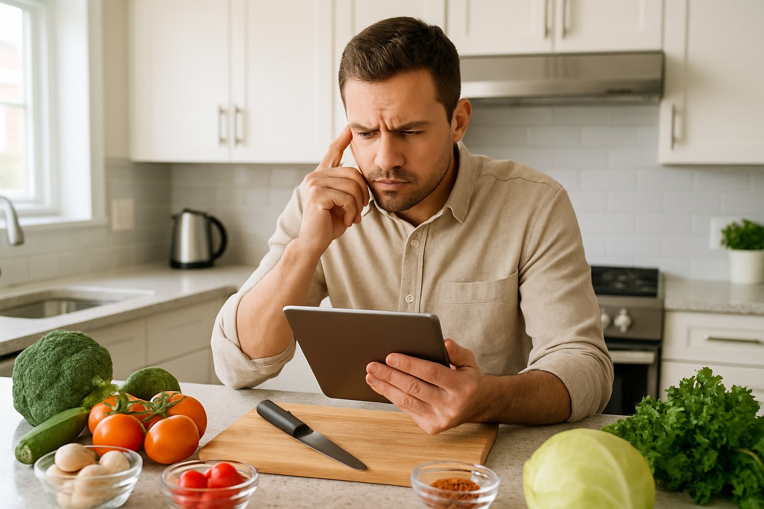 En person i et moderne køkken, der ser koncentreret på en tablet eller opskrift, mens de forbereder mad med friske ingredienser på bordet.