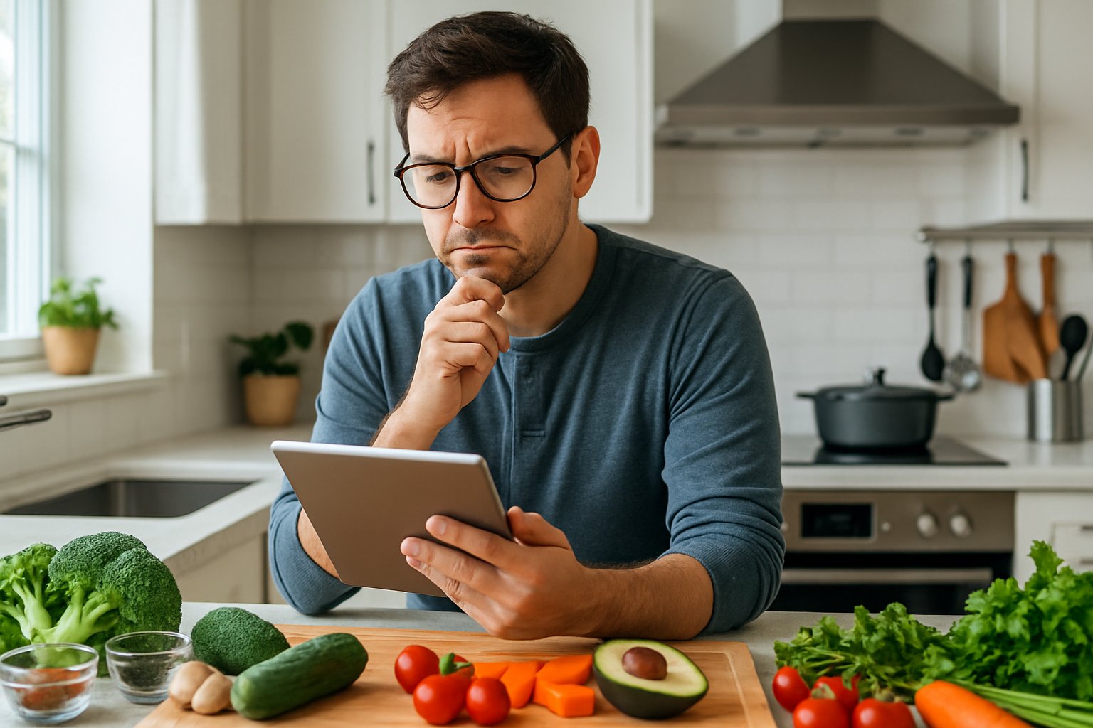 En person i et lyst køkken ser koncentreret på en tablet, mens de forbereder mad med friske ingredienser på bordet.