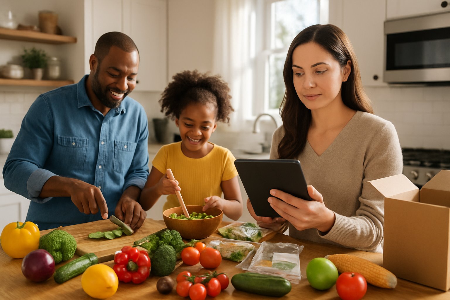En familie i et køkken, der forbereder mad sammen med friske ingredienser og bruger en tablet til at vælge måltider.