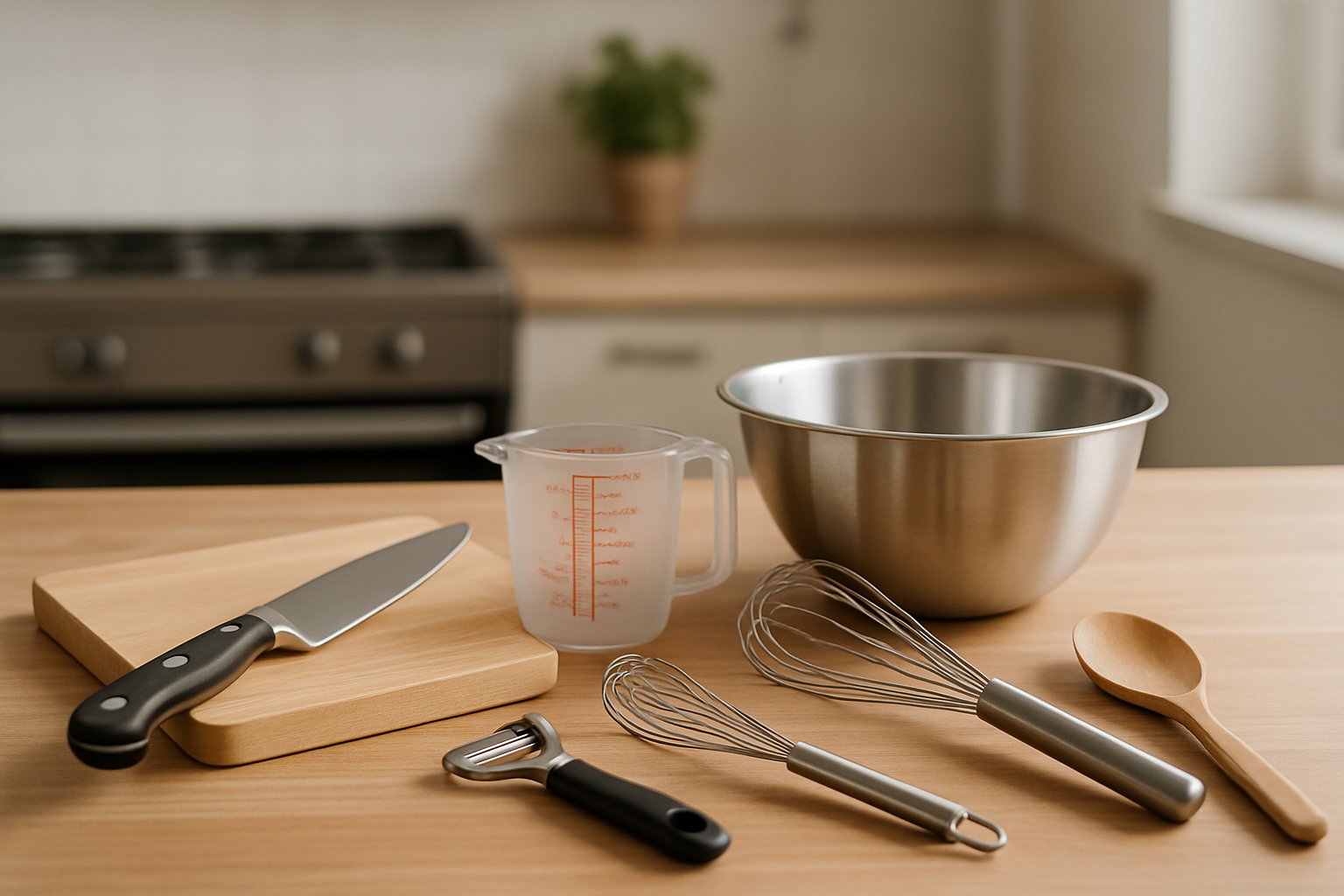 Grundlæggende køkkenredskaber som kniv, skærebræt, skål, målebæger, skræller, piskeris og træske på et køkkenbord.